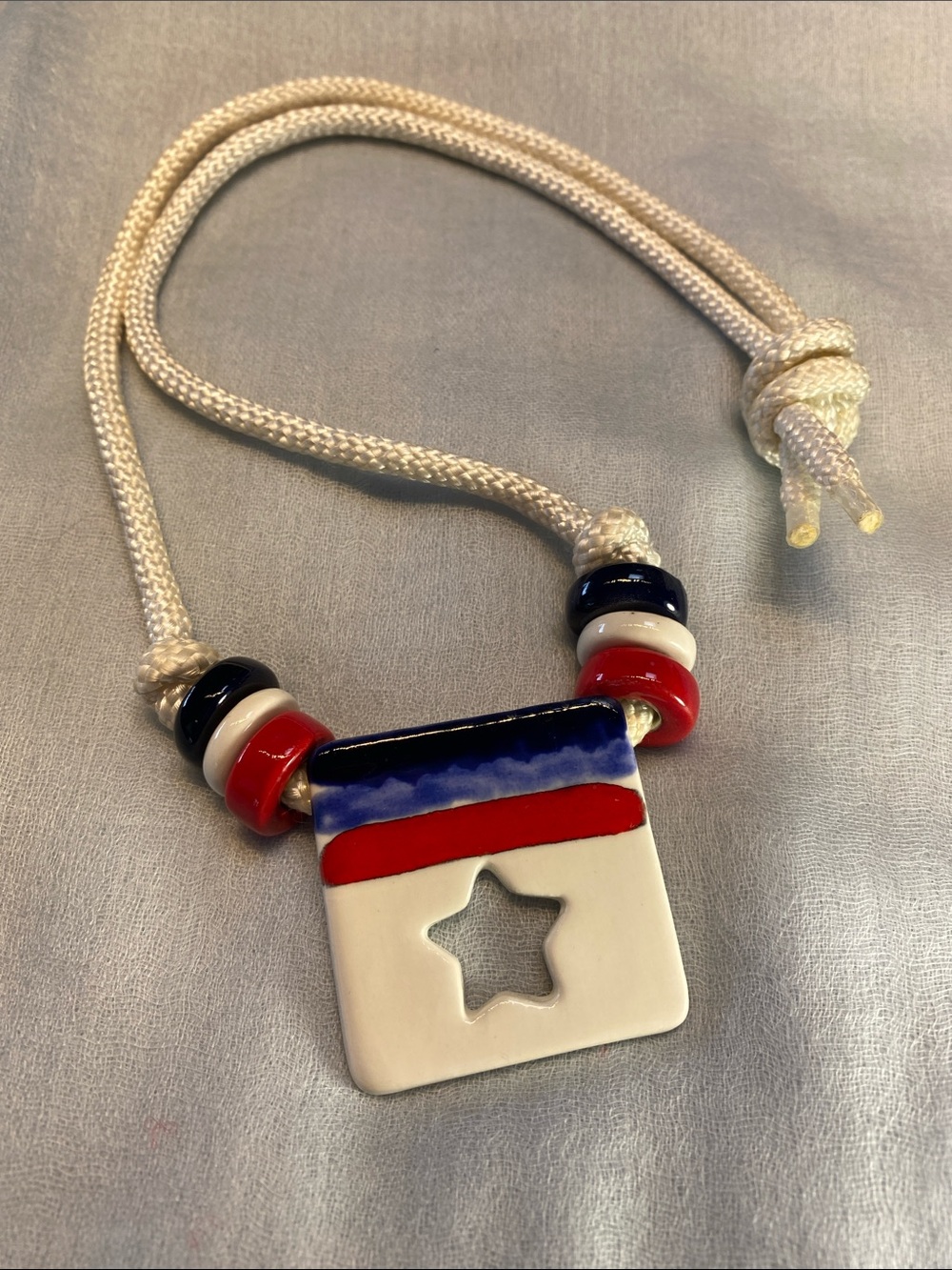 Patriotic Star Cutout Ceramic Pendant Necklace in Red, White & Blue